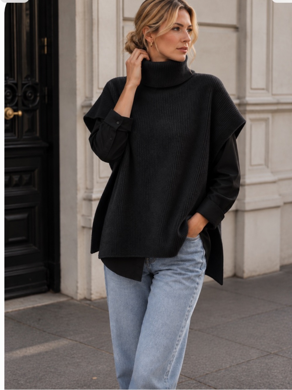 Banana Republic Black Funnel Turtleneck Poncho Sleeveless Ribbed Sweater XS/S